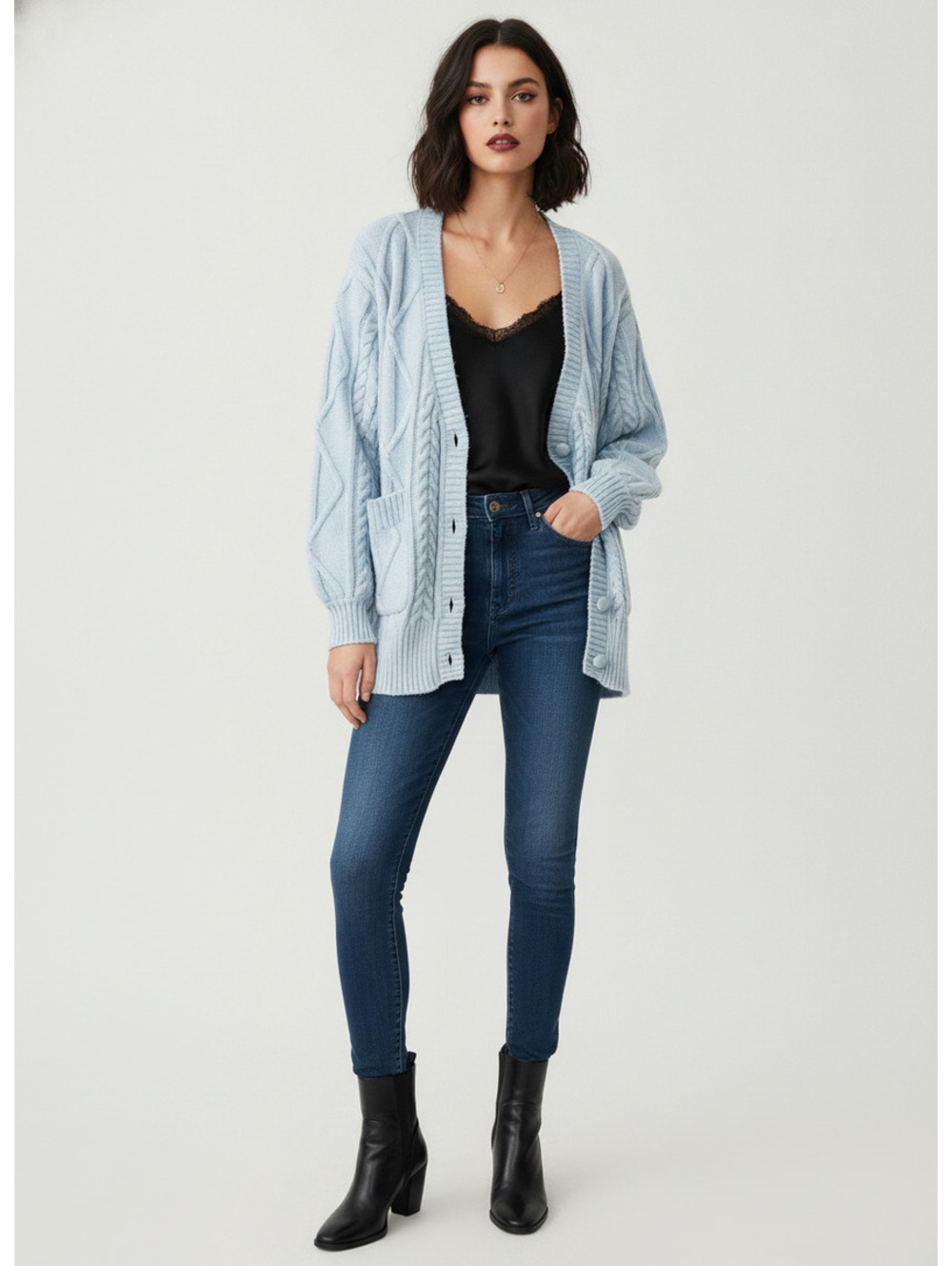 For Love & Lemons Light Blue Cable Knit Button-Up Cardigan, XS